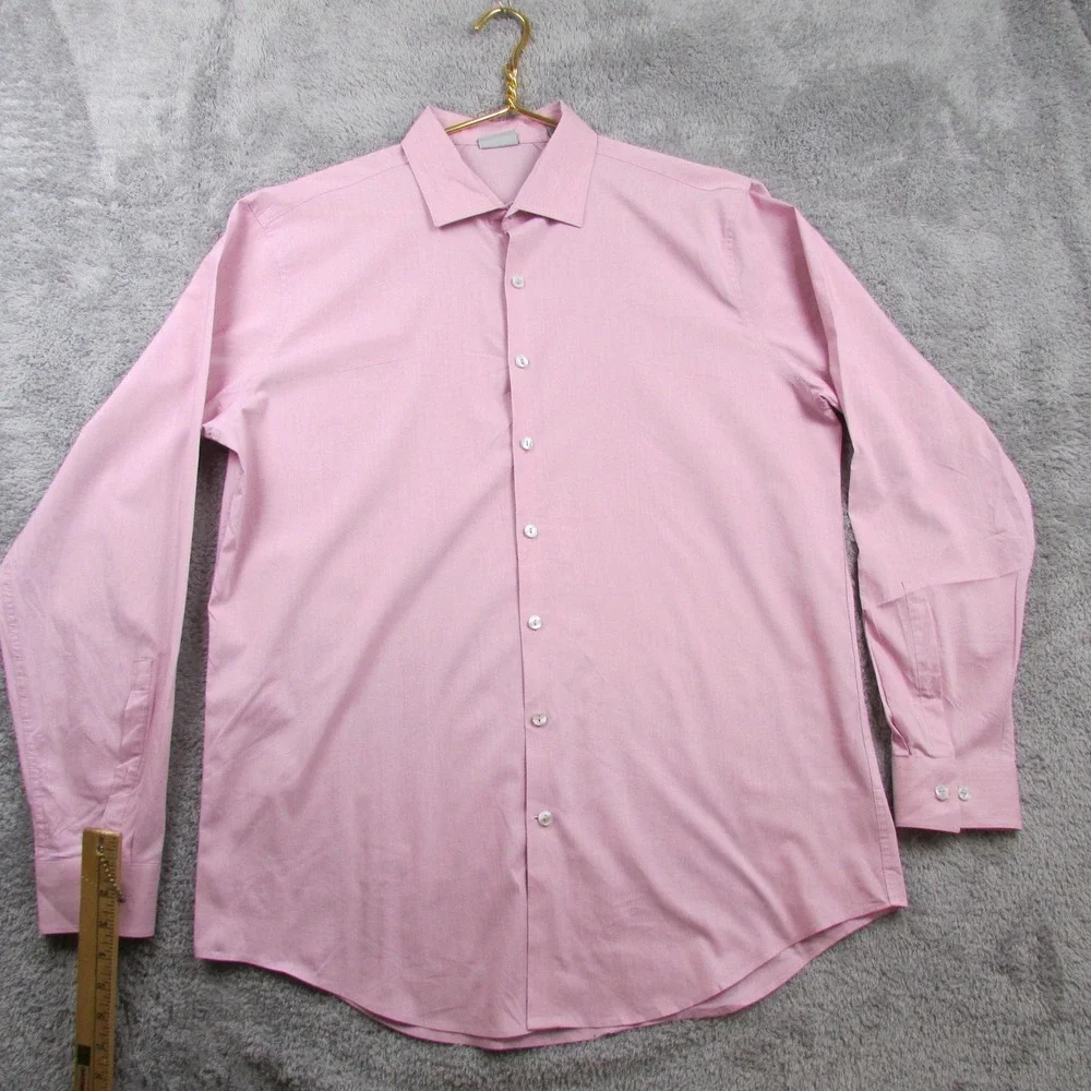 Kenneth Cole Reaction Shirt Mens 17 34/35 Pink Check Slim Stretch Long Sleeve‎